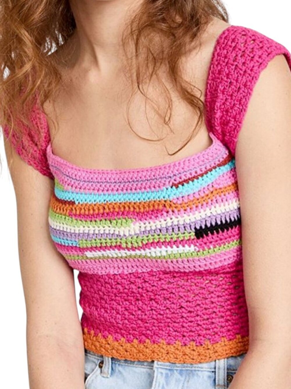 Tach Donna Crochet Cotton Top Pink Multicolor Open Back NWT Small